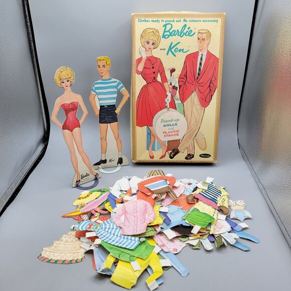 1963 Barbie Ken Stand-Up Paper Dolls Plastic Stands Clothes Whitman - Picture 1 of 12